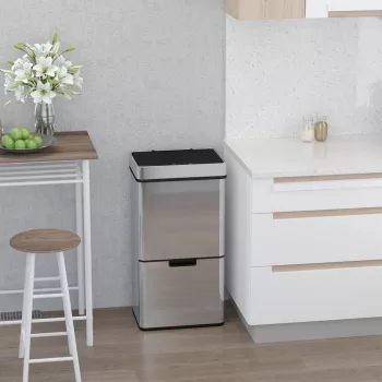   47 literes szenzoros szemetes + 2 x 12,5 literes automata hulladékgyűjtő mozgásérzékelővel, vízálló rozsdamentes acél hulladékválogató rendszer konyhába, ezüst