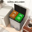 2 x 28 literes dupla hulladékgyűjtő, pedállal nyitható, könnyen tisztítható, rozsdamentes acél, műanyag, ezüst