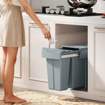   Kihúzható hulladékgyűjtő, konyhai hulladéktároló 2 kivehető vödörrel, fogantyúval, 30 literes (20 l+10 l), fém, szürke