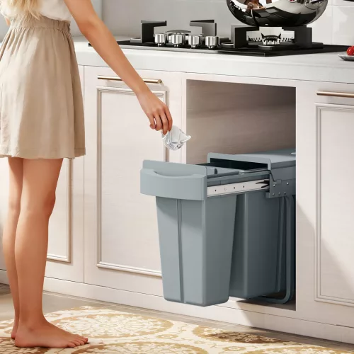Kihúzható hulladékgyűjtő, konyhai hulladéktároló 2 kivehető vödörrel, fogantyúval, 30 literes (20 l+10 l), fém, szürke
