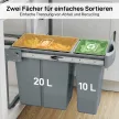 Kihúzható hulladékgyűjtő, konyhai hulladéktároló 2 kivehető vödörrel, fogantyúval, 30 literes (20 l+10 l), fém, szürke