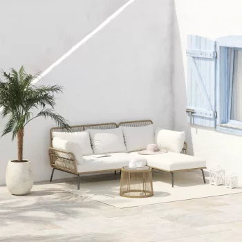   3 darabos rattan kerti bútor szett, PE rattan, 1 sarokkanapé, 1 nyugágy, párnákkal együtt, időjárásálló, kávé + tejszín