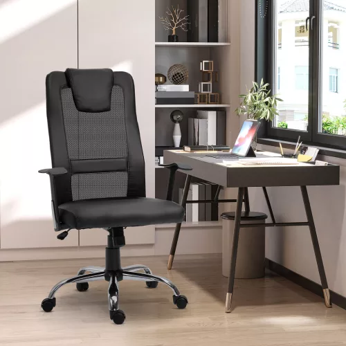 Irodai szék, forgószék, magasságban állítható vezetői szék, ergonomikus íróasztali szék, PU fekete, 66 x 73 x 108-118 cm