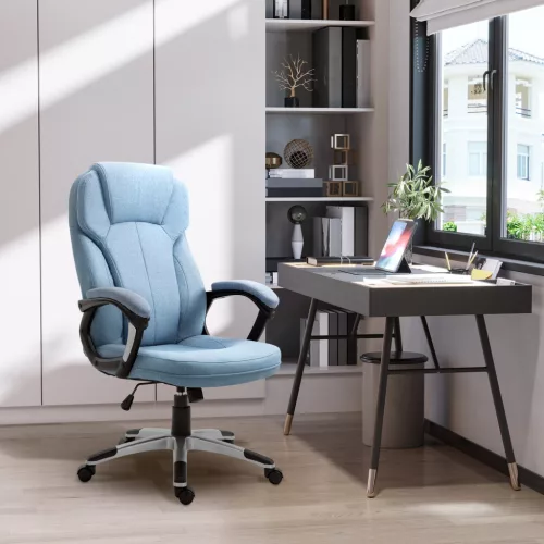 Irodai szék, számítógépes szék, forgószék, magasságállítható, hintáztató funkcióval, fejtámlával és párnázott karfákkal, ergonomikus, világoskék vászon, 66 x 75 x 110–120 cm