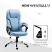 Irodai szék, számítógépes szék, forgószék, magasságállítható, hintáztató funkcióval, fejtámlával és párnázott karfákkal, ergonomikus, világoskék vászon, 66 x 75 x 110–120 cm
