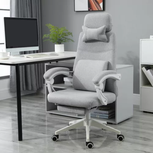 Irodai szék, ergonomikus íróasztali szék fejtámlával, deréktámasszal, magasságban állítható gamer szék lábtartóval, magas háttámla, szürke 62 x 68 x 117-127 cm