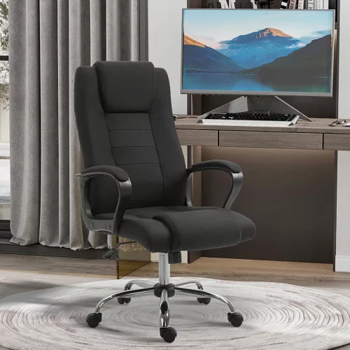 Irodai szék, számítógépes szék hintafunkcióval, fejtámlával, ergonomikus íróasztali szék, forgó, magasságállítható, vászonhatású fekete, 62 x 76 x 110-119 cm