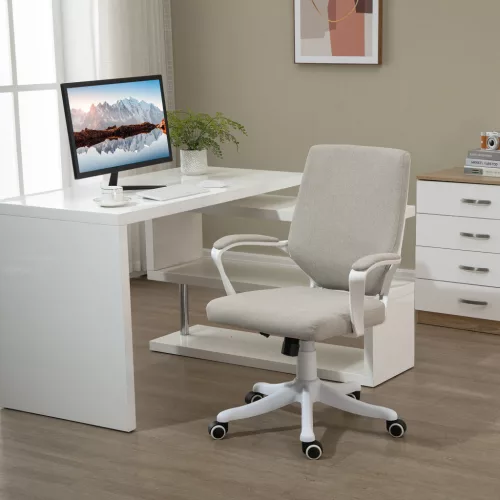 Irodaszék, íróasztali szék, otthoni irodai szék hintafunkcióval, állítható magasságú háttámlával, vastagon párnázott, ergonomikus, 360°-ban forgó görgőkkel, poliészter, nejlon, PP, bézs+fehér, 62x69x92-100 cm