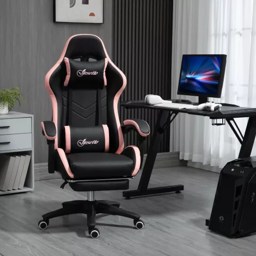 Irodai szék, gamer szék, 1 fejtámla, 1 deréktámasz, rózsaszín + fekete