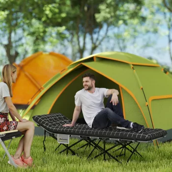   Összecsukható kempingágy, matracos kempingágy, ergonomikus, fémvázas, fekete