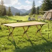 Kempingasztal 117 x 60 cm, alumínium összecsukható asztal feltekerhető asztallappal, fahatású, vízálló hordtáska