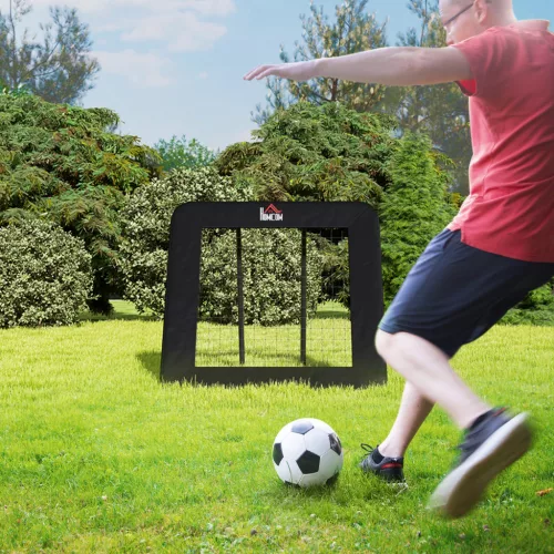 Futball-kapu, 128 x 118 cm, ütőfal védőéllel és csapokkal, 5 pozícióban állítható, hordozható visszapattanó, futballkapu fiataloknak, visszapattanó fal futballedzéshez, fekete