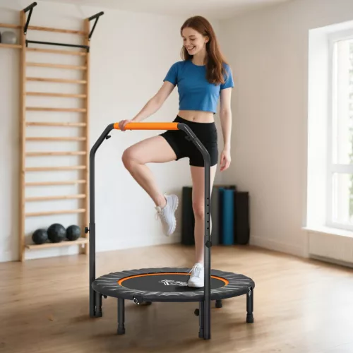 Fitness trambulin, összecsukható, állítható kormány, Ø102 x 123 cm magas, 150 kg-ig, fekete