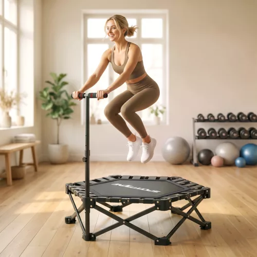 Fitness trambulin állítható T-fogantyúval, összecsukható, hordtáskával, 180 kg teherbírással, acél, műanyag, fekete