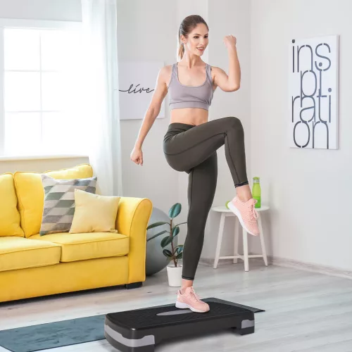 Lépcsődeszka, aerobik lépődeszka, 2 szinten állítható magasságú 10-15 cm, csúszásmentes fitneszlépődeszka, mini lépődeszka otthoni irodába, fekete+szürke