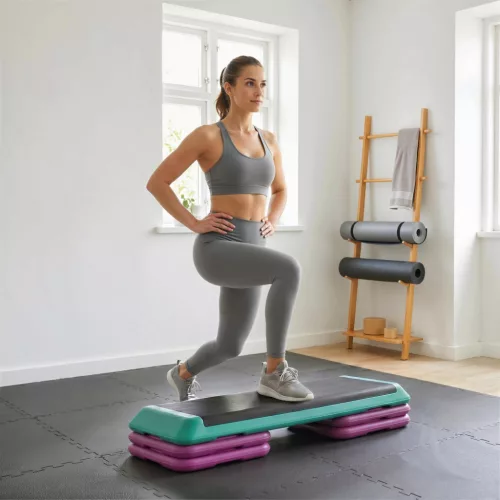 Magasságban állítható fellépődeszka, 3 szintes (10/15/20 cm) fitneszlépcső, csúszásmentes fellépőpad otthonra, edzőterembe, irodába, műanyag, fekete+zöld+ibolyaszínű
