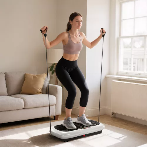 Vibrációs platform 99 szinttel, 2 fitnesz szalaggal, 73 x 40 x 13 cm, fehér+fekete