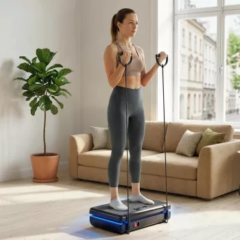   Vibrációs platform 120 intenzitási szinttel, 5 előre beállított programmal, LED lámpákkal, ellenállás-szalagokkal, csúszásmentes felülettel