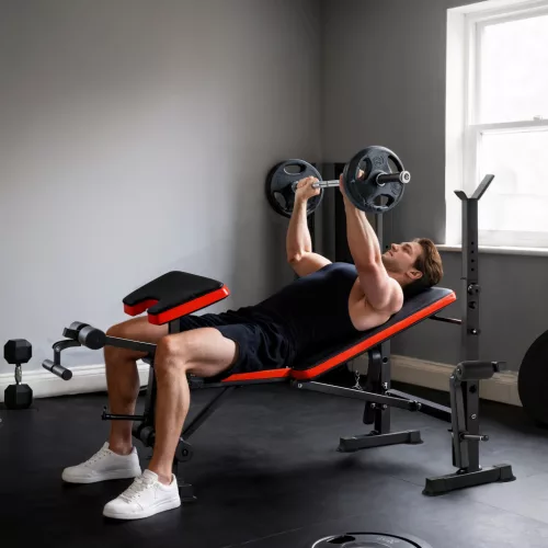Súlyzópad súlyok nélkül, állítható fitneszpad számos gyakorlathoz, edzőállomás, acél, műanyag, fekete+piros