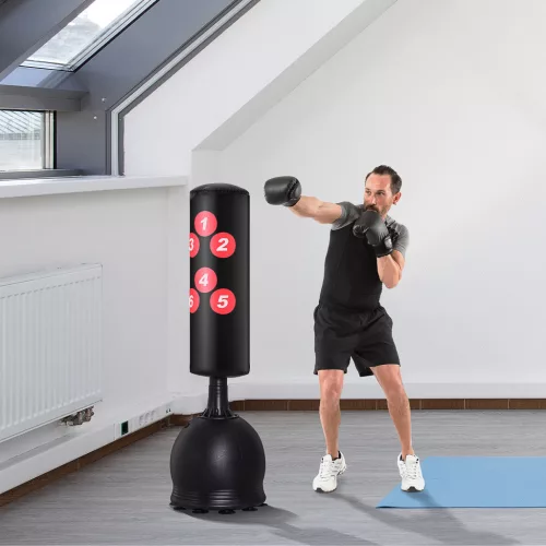 Álló boxzsák 165 cm felnőtteknek szabadon álló, nagy teherbírású boxzsák tapadókorongos talppal, boxpartner, boxedző, profiknak és kezdőknek, fekete