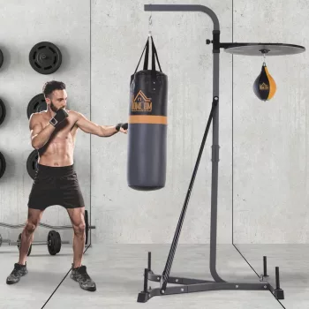   2 az 1-ben boxzsák állvány, max. teherbírás 100 kg, forgatható acél boxzsák tartó 20 kg-os boxzsákkal/golyóval, magasságban állítható álló boxzsák tartó, beltéri fitnesz edzéshez, fekete