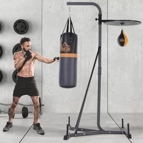2 az 1-ben boxzsák állvány, max. teherbírás 100 kg, forgatható acél boxzsák tartó 20 kg-os boxzsákkal/golyóval, magasságban állítható álló boxzsák tartó, beltéri fitnesz edzéshez, fekete