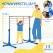 Gimnasztikai rúd, 13 fokozatban állítható magasságú, fa és masszív acél szerkezet, teherbírás akár 75 kg, 3+ gyermek számára, beltéri/kültéri, kék