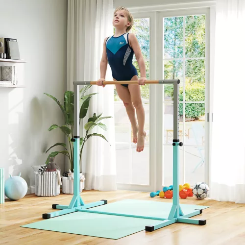 Gimnasztikai rúd, vízszintes rúd, 13 fokozatban állítható magasságú, teherbírás akár 75 kg, acél, bükkfa, világoskék