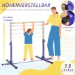 Gimnasztikai rúd, vízszintes rúd, 13 fokozatban állítható magasság, teherbírás akár 75 kg, acél, bükkfa, lila