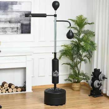   Bokszállvány, szabadon álló bokszedző 2 sebességes labdával, reflexrúddal és tapadókorongos talppal, 160-230 cm között állítható magasságú, felnőttek és tinédzserek számára alkalmas, fekete