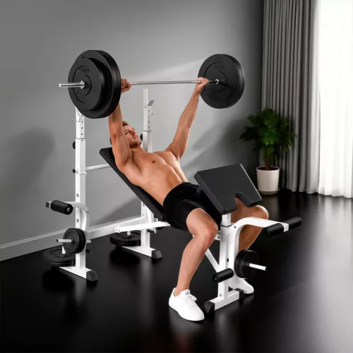 Súlyzópad súlyzóállvánnyal, mellnyomással, lábnyomással, karfával bicepszgyakorlatokhoz, acél, fekete+fehér