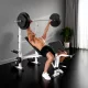 Súlyzópad súlyzóállvánnyal, mellnyomással, lábnyomással, karfával bicepszgyakorlatokhoz, acél, fekete+fehér