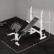 Súlyzópad súlyzóállvánnyal, mellnyomással, lábnyomással, karfával bicepszgyakorlatokhoz, acél, fekete+fehér