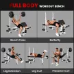 Súlyzópad súlyzóállvánnyal, mellnyomással, lábnyomással, karfával bicepszgyakorlatokhoz, acél, fekete+fehér
