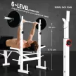 Súlyzópad súlyzóállvánnyal, mellnyomással, lábnyomással, karfával bicepszgyakorlatokhoz, acél, fekete+fehér