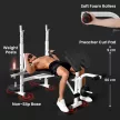 Súlyzópad súlyzóállvánnyal, mellnyomással, lábnyomással, karfával bicepszgyakorlatokhoz, acél, fekete+fehér