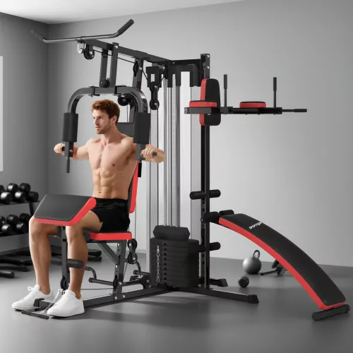 Többcélú edzőállomás 65 kg-os súlyzósorral, állítható, otthoni edzéshez, acél, műbőr