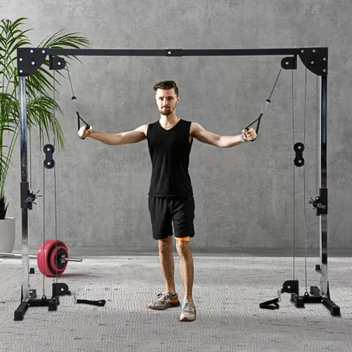 Crossover fitnesz állvány, csigarendszerrel, 1 vagy 2 fő részére, acél, műanyag, fekete