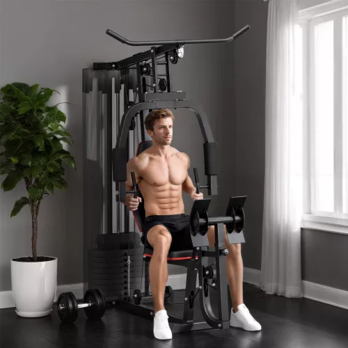  Heim-Fitnessstation mit 45 kg Gewichtsblöcken, Hochseilzug, Bruststation, Beinpresse für vielseitiges Training