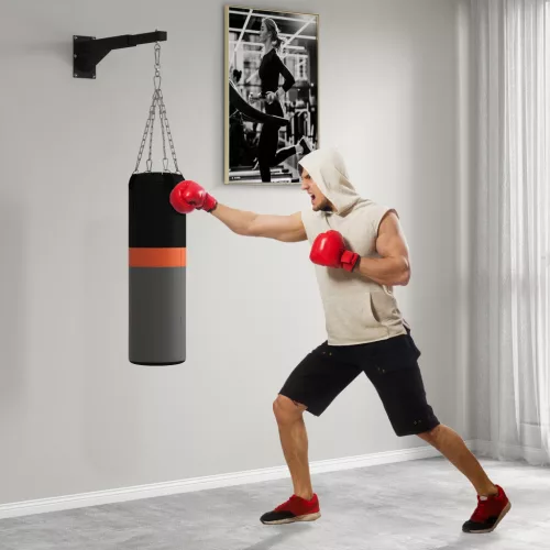 Boxzsák tartó, 5 fokozatban állítható hosszúságú, falra szerelhető, 60 kg-ig, acél, fekete