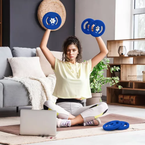 2 x 5 kg-os súlytárcsák praktikus fogantyúkkal, súlykészlet otthoni edzőterembe, fitnesz stúdióba, erőnléti edzéshez, kék