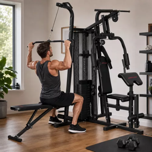 Multifunkcionális edzőállomás, otthoni fitneszgép több mint 10 gyakorlathoz, súlyokkal, állítható fitneszpaddal, fekete