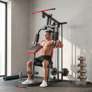   Power Rack fitnesz állomás lat lehúzódzkodással, pillangórúddal, állítható prédikátorpaddal, lábtrénerrel, 120 kg-ig, fekete+piros