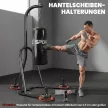Boxzsák állvány, szabadon álló boxzsák tartó boxzsákkal, gumikötél, 360°-os lánc, U-alakú talp, súlytárcsa tartó, acél