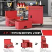 Görgős szerszámos szekrény, 6 fiókkal, 2 rekesszel, acél, zárható, piros