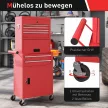 Görgős szerszámos szekrény, 6 fiókkal, 2 rekesszel, acél, zárható, piros
