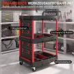  Werkzeugwagen mit 3 Ebenen, Lochwand und Haken, rollbarer Werkstattwagen mit Bremsen, Schwarz/Rot
