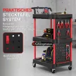  Werkzeugwagen mit 3 Ebenen, Lochwand und Haken, rollbarer Werkstattwagen mit Bremsen, Schwarz/Rot