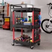  Werkzeugwagen mit 3 Ebenen, Lochwand und Haken, rollbarer Werkstattwagen mit Bremsen, Schwarz/Rot