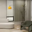 Bogenstandlampe mit Fußschalter, aus Marmor, Metall und Kunststoff, 26x90x180 cm, Weiß und Orange